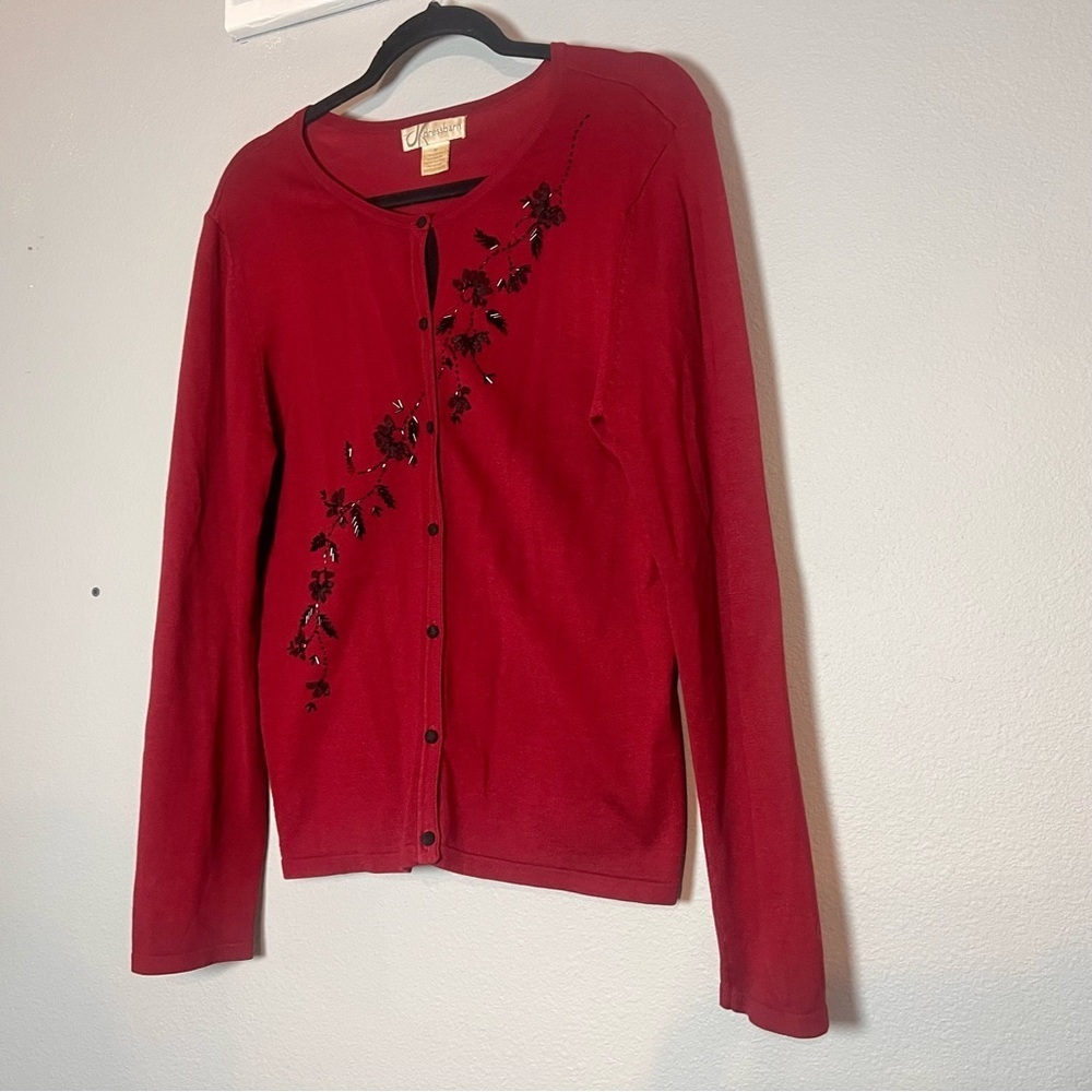 Dressbarn Cardigan Sweater Red Button Front Embellished Embroidery Beaded Size M
